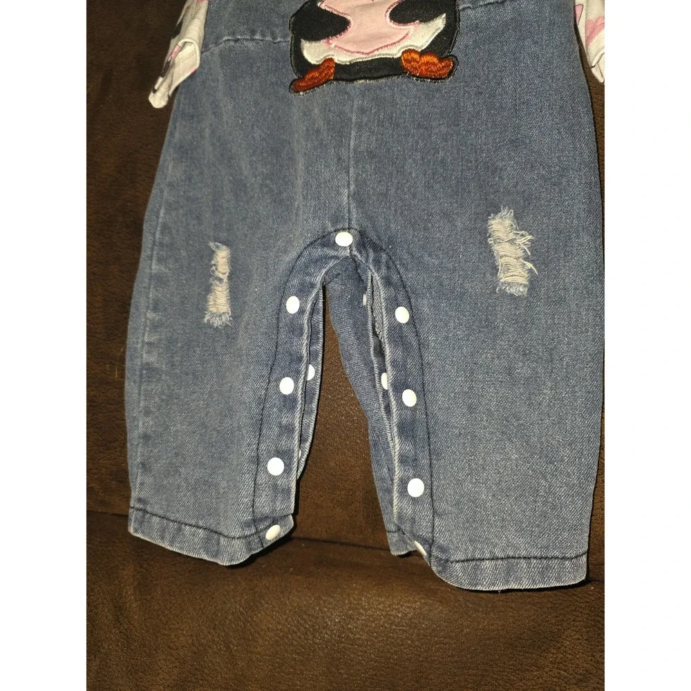 Boutique penguin‎ distressed overalls bodysuit headband size 6 9 months
